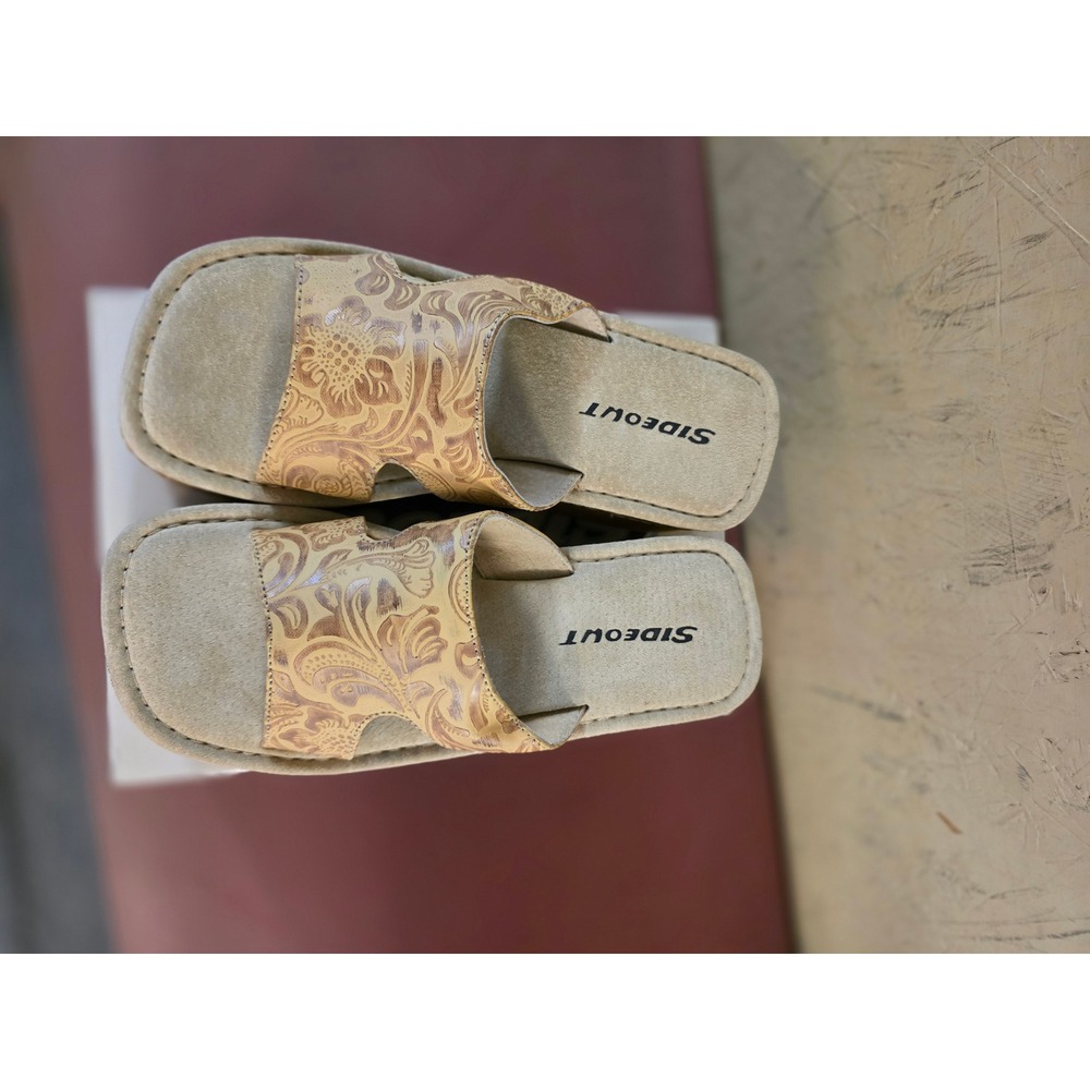 Sideout Betty Natural Floral Embossed Platform Wedge Slide Sandals Womens 7